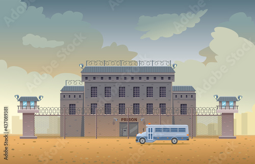 Guarded city prison building with two watchtowers with barbed wire fence, bus for transporting prisoners. The prison has a steel door and surveillance cameras. Vector illustration
