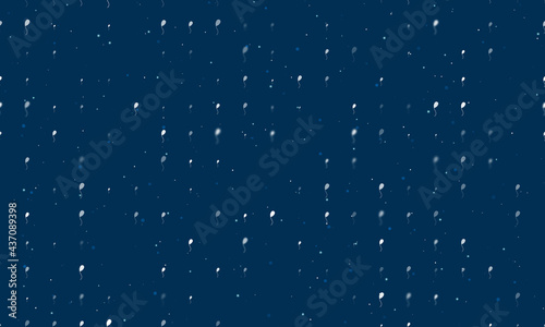 Seamless background pattern of evenly spaced white balloon symbols of different sizes and opacity. Vector illustration on dark blue background with stars