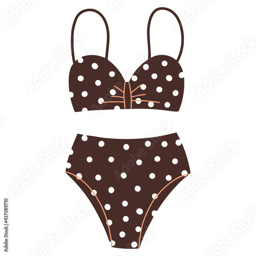 Brown two-piece swimsuit with polka dot print. A swimsuit in a retro style