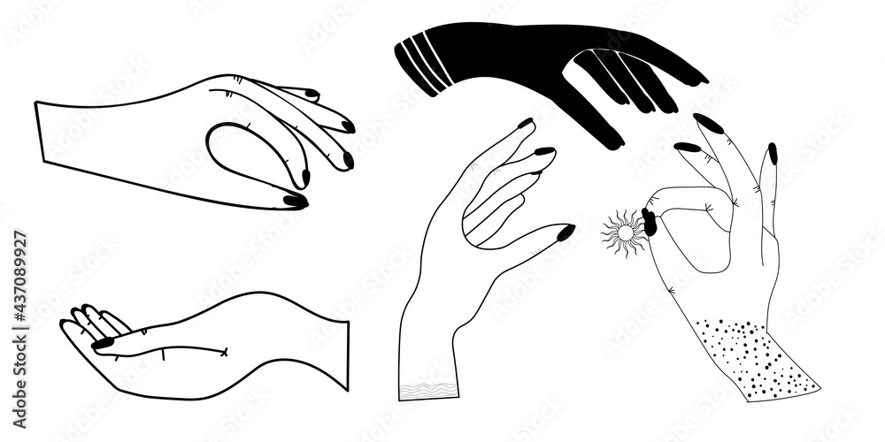 Hand drawn set of female witches hands in different poses. Flash tattoo, sticker, patch or print design vector illustration Hand drawn set of female witches hands in different poses. Flash tattoo, sticker, patch or print design vector illustration