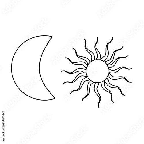 Sun and Moon, hand drawn in engraving style. Vector graphic outline illustrations. Vintage pastiche of esoteric and occult signs.