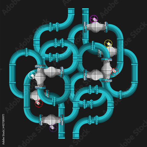 A pipeline of complex shape with many convolutions and valves. Steampunk fantasy on a black background. Vector illustration
