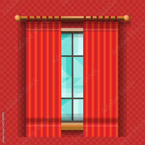 A window with draped thick red curtains in the room with a rich textured wallpaper. Vector illustration