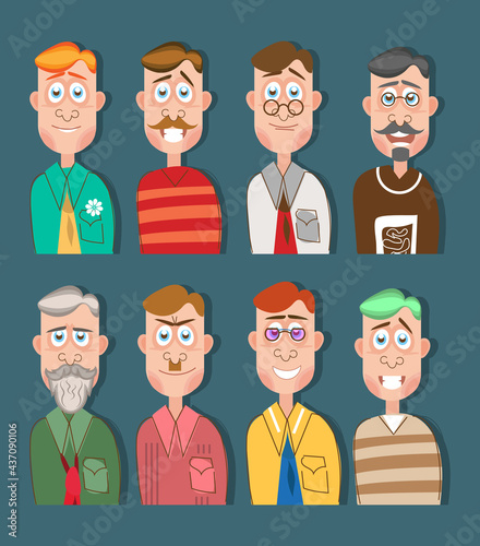 Eight men with different hair colors, beards, mustaches, glasses and clothes. Cartoon characters. Sketches. Vector set