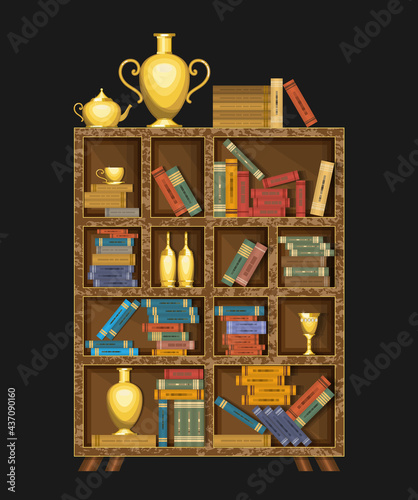 
Large wooden shelving with many hardback books and decorative objects. Home library. Vector illustration