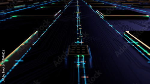 Printed circuit board futuristic server/Circuit board futuristic server code processing. Black,  gold, blue technology background with bokeh. 3d rendering