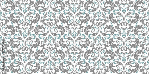 Wallpaper in the style of Baroque. Seamless vector background. Blue and gray floral ornament. Graphic pattern for fabric, wallpaper, packaging. Ornate Damask flower ornament