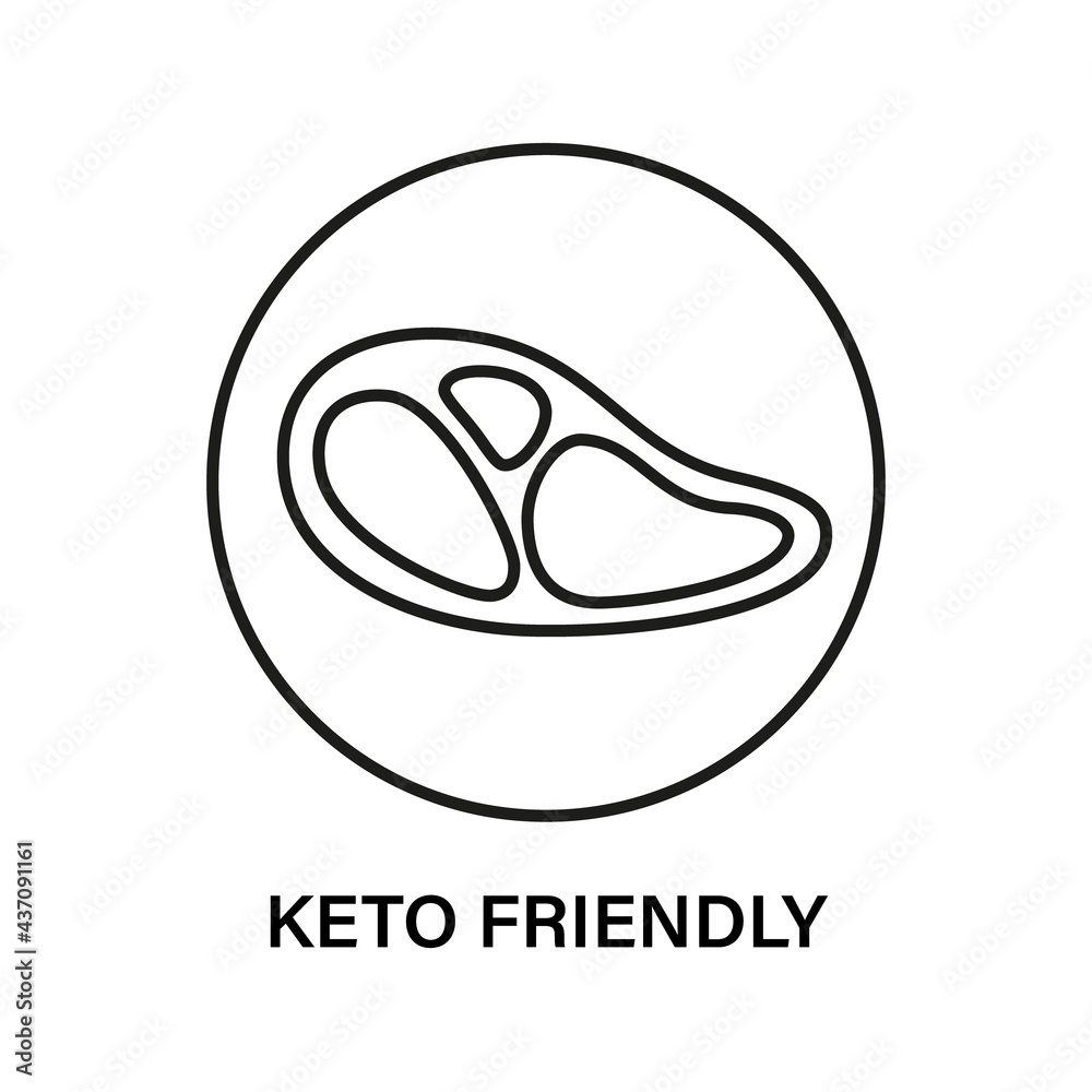 Obraz premium Keto friendly stamp. Healthy eating, ketogenic, paleo and low carb high fat diet icons. Meat steak icon. Isolated vector illustration on white background.
