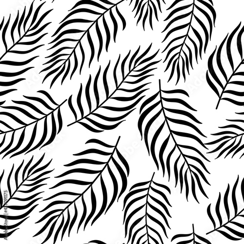 Tropical palm leaves seamless pattern. Black plants on white background