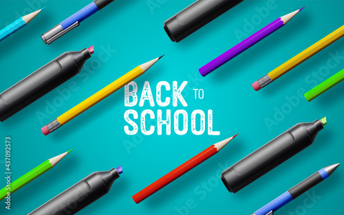 Back to school white vintage banner with school supplies on blue background