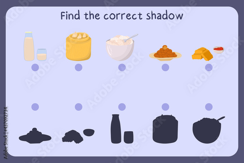 Matching children educational game with food - milk, dimsum, quark, falafel, nuggets . Find the correct shadow. Vector illustration.