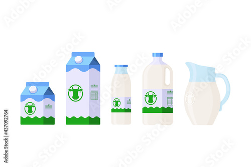 Flat Style Milk Isolated Icons Collection. Set of dairy products in different packages — carton, glass, jug. Vector template for logo, menu, web, stickers, prints