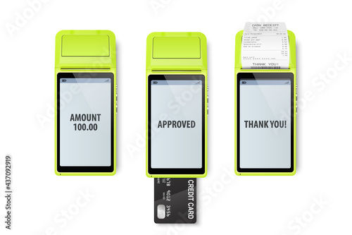 Vector 3d Realistic Payment Machine. POS Terminal, Paper Receipt, Credit Card Isolated. Approved Payment. Design Template, Bank Payment Terminal, Mockup. Processing NFC Payments Device. Top View