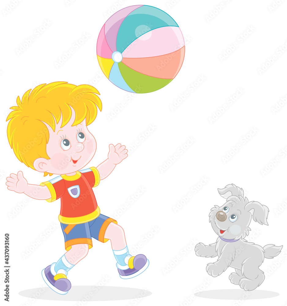 Happy little boy running and playing a big colorful ball with his cute merry pup on summer vacation, vector cartoon illustration Happy little boy running and playing a big colorful ball with his cute merry pup on summer vacation, vector cartoon illustration