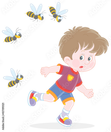 Afraid little boy running away from a swarm of angry wasps flying and humming around him, vector cartoon illustration isolated on a white background