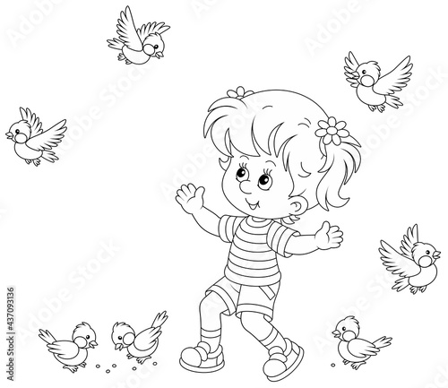 Happy little girl playing with a small flock of merry sparrows and titmice, black and white outline vector cartoon illustration for a coloring book page