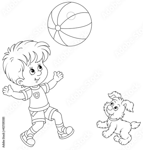 Happy little boy running and playing a big striped ball with his cute merry pup on summer vacation, black and white outline vector cartoon illustration for a coloring book page