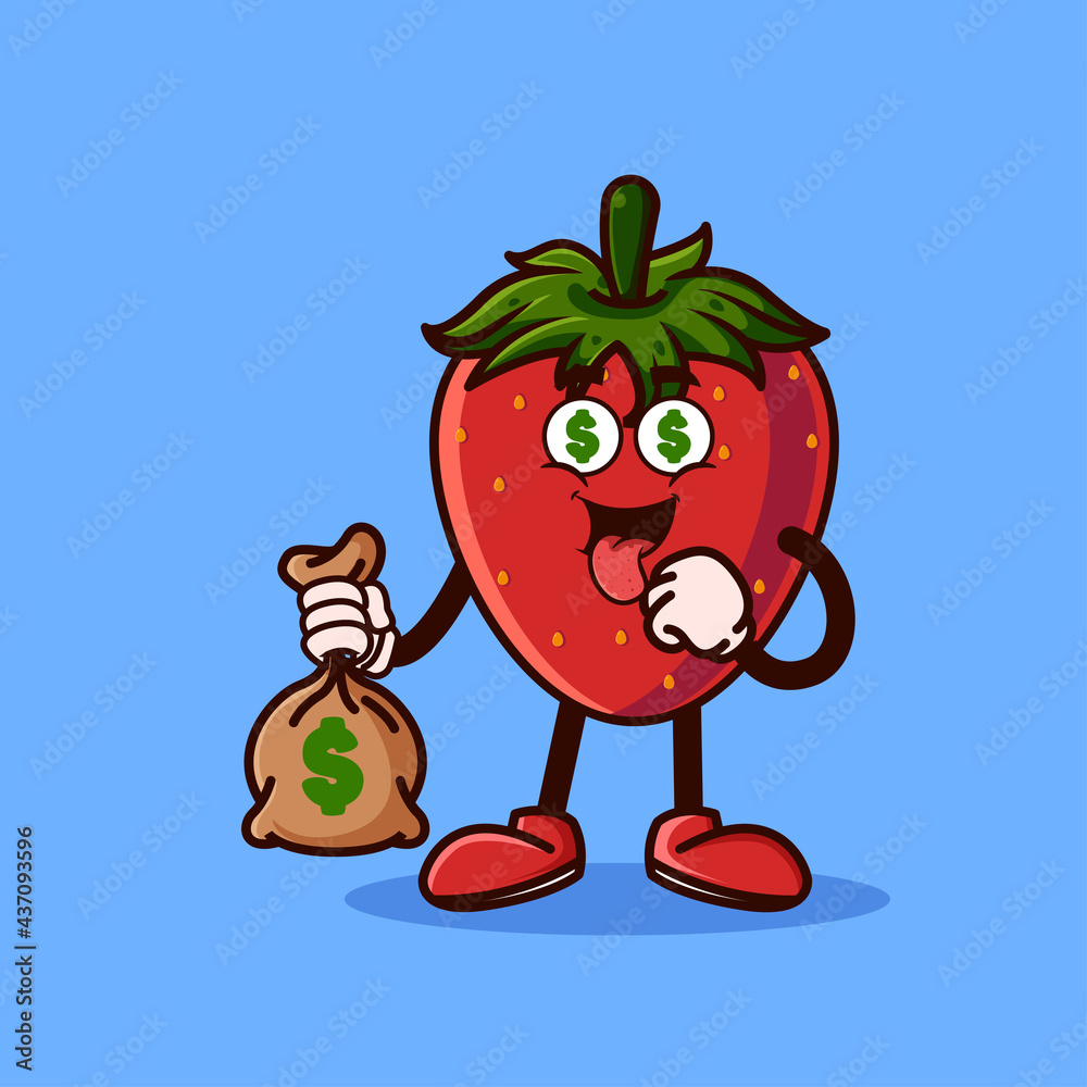 Cute Strawberry fruit character with money eyes and holding money bag. Fruit character icon concept isolated. Emoji Sticker. flat cartoon style Vector Cute Strawberry fruit character with money eyes and holding money bag. Fruit character icon concept isolated. Emoji Sticker. flat cartoon style Vector