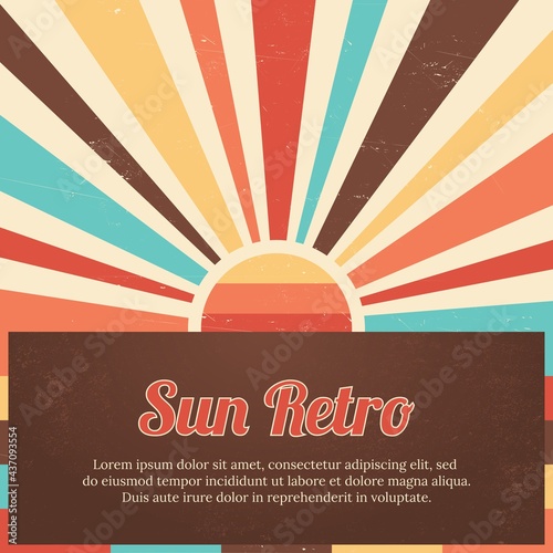 Sun retro square banner. Colourful summer vintage background.