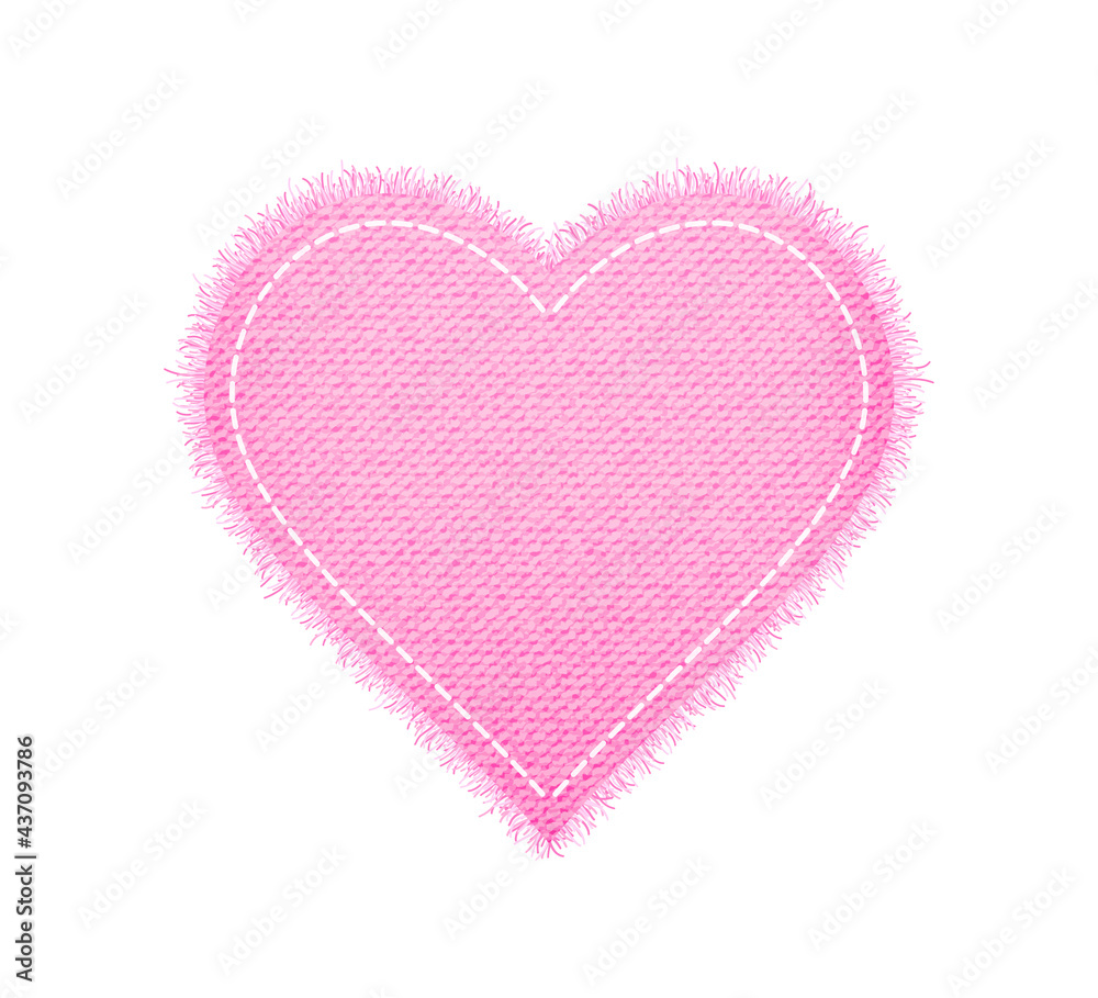 Denim pink heart shape with seam. Torn jean patch with stitches. Vector realistic illustration on white background.