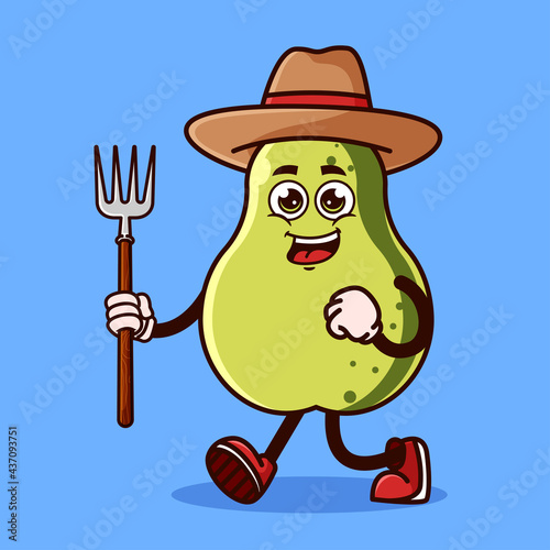 Cute Guava fruit Farmer character with pitchfork. Fruit character icon concept isolated. flat cartoon style Premium Vector