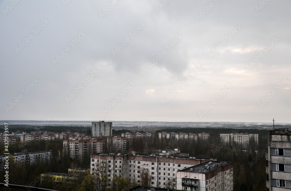 Panoramic view of abandoned residential buildings inside the Chernobyl Exclusion Zone, Pripyat, Ukraine