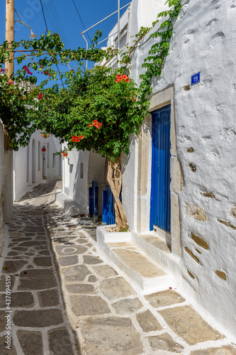 Traditional Cycladitic alley with a narrow street, whitewashed houses and a blooming bougainvillea in Parikia, Paros island, Greece