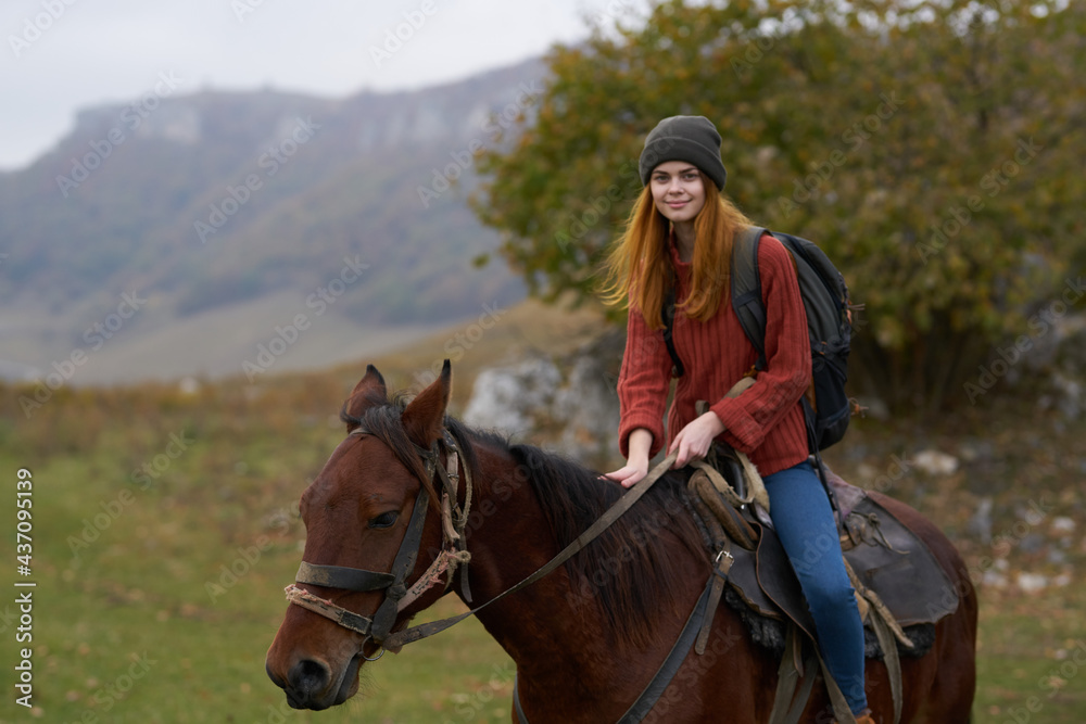 woman hiker mountains nature riding horse fun woman hiker mountains nature riding horse fun