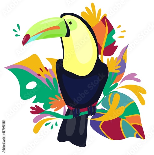 Coloring Set cute Toucan with summer tropical leaves print design tropics vector illustration, silhouette coloring Toucan