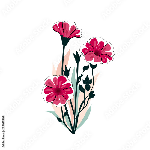 Red petunia floral bouquet with dark and light leaves isolated on white background. 