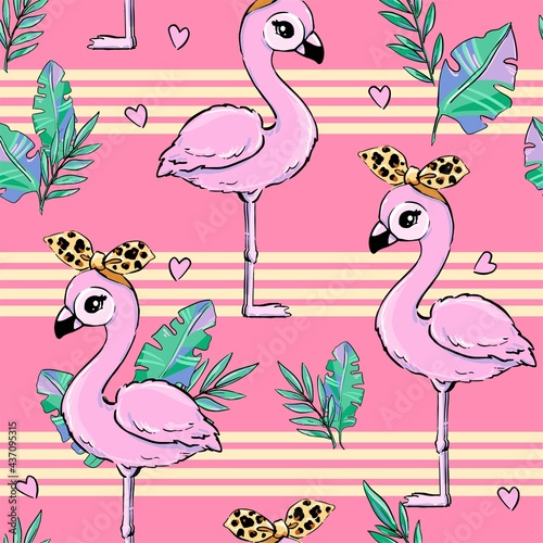 Cute flamingo with leopard bow tropical leaves pink background seamless pattern vector illustration