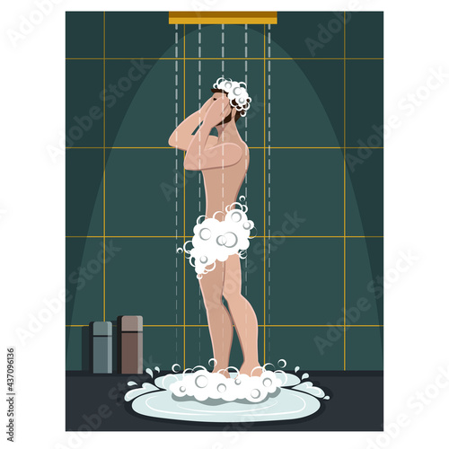 Man takes a shower in bathroom. Vector illustration