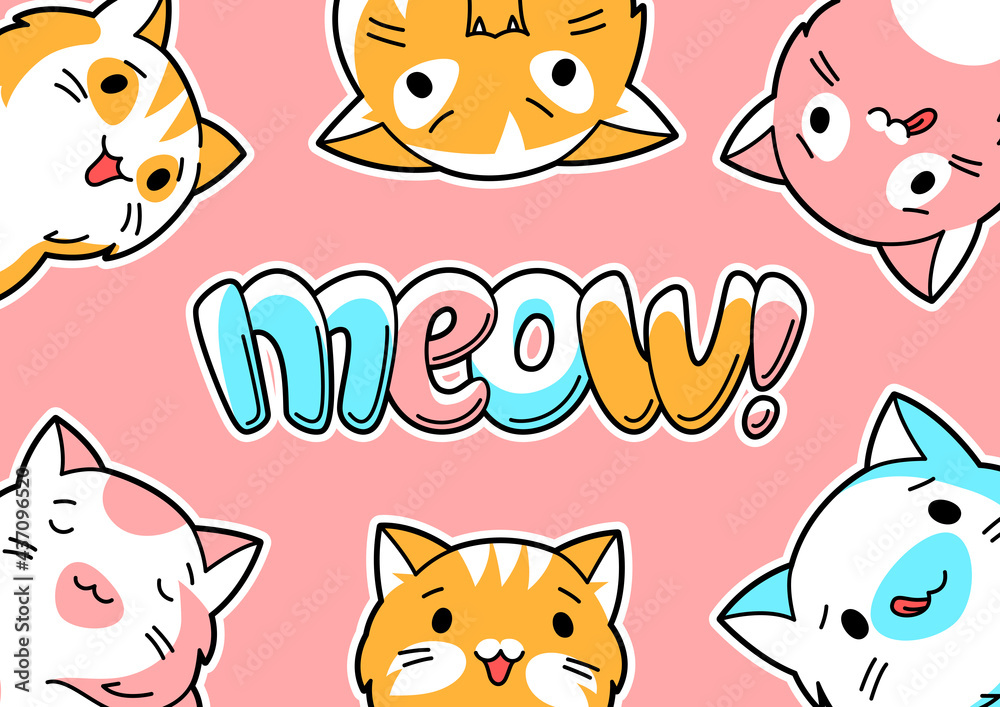 Background with cute kawaii cats. Fun animal illustration.