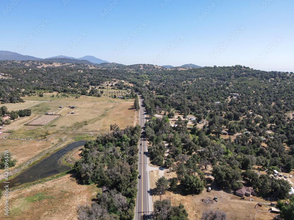 Aerial view of small road crossing the town of Julian, historic gold mining town located in east of San Diego, California, USA