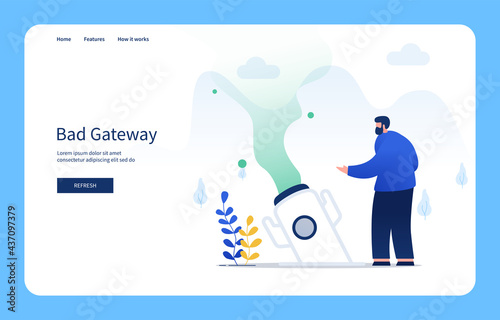 Modern Flat Design Concept Man Watching Rocket Fall, Bad Gateway For Website And Mobile Site. Empty States