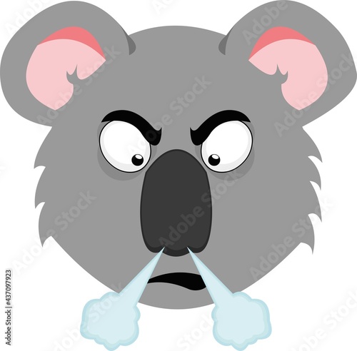 Vector emoticon illustration of a cartoon koala's face with an angry expression and fuming from its nose