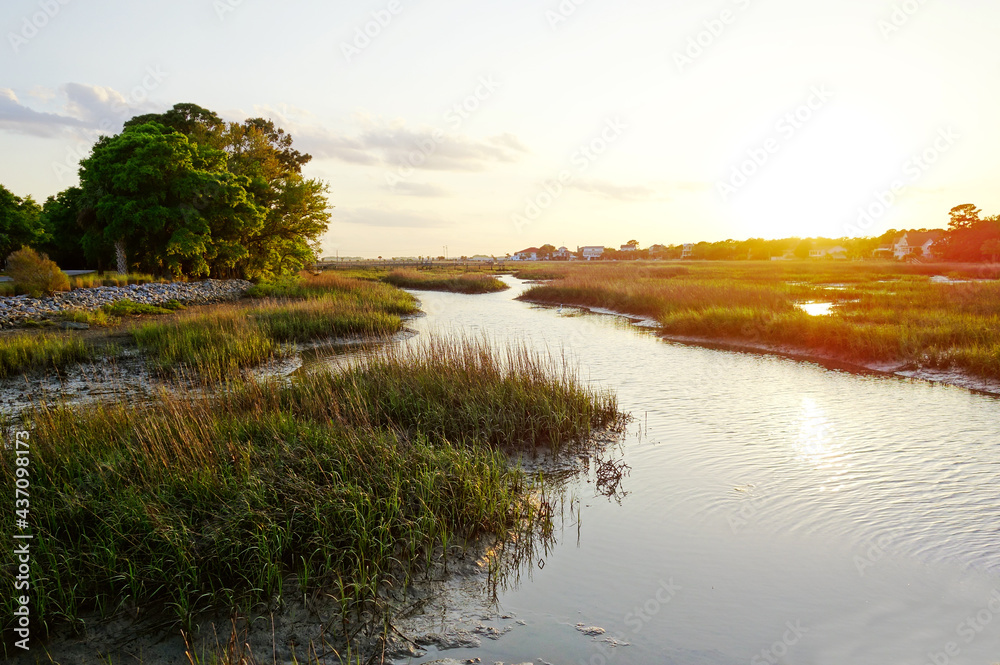 Naklejka premium View of coastal homes along the marsh waterways in the Low Country near Charleston SC