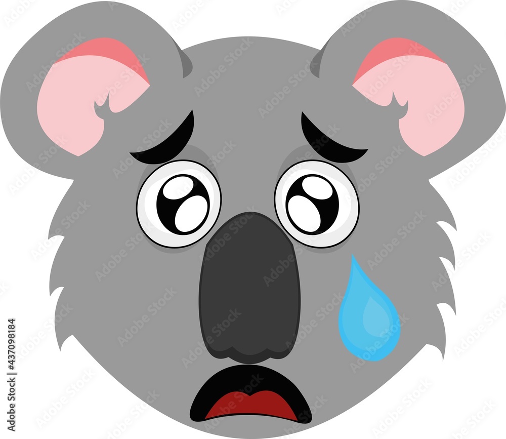 Vector emoticon illustration of a cartoon koala's face with a sad expression and a tear falling from its eye