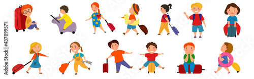 Set of children with suitcases. Cute little kids on a journey. Vector illustration in a flat style on a white isolated background.