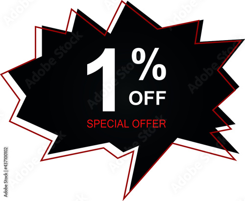 1% off special offer. Banner with one percent discount on a black and red balloon.