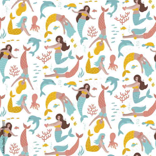 Pastel seamless pattern with fairy mermaids and cute underwater sea creatures - dolphin, octopus, coral. Endless repeatable fairytale texture. Colored flat vector illustration on white background