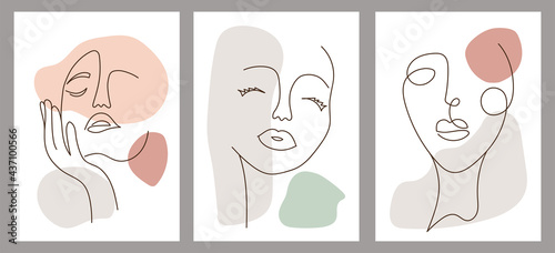 Set of creative hand painted one line abstract shapes. Minimalistic vector posters: female portrait, colored spots. For postcard, poster, placard, brochure, cover design, web.