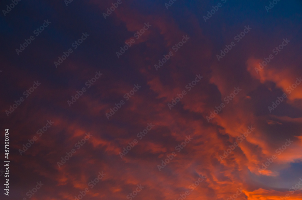 Sunset fire in the sky with multi color details and large space