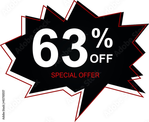 63% off special offer. Banner with sixty-three percent discount on a black and red balloon. photo