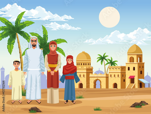 muslim family with mosque