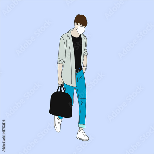 Vector illustration of Kpop street fashion. Street idols of Koreans. Kpop men's fashion idol. A guy in blue jeans and a gray hoodie and a white mask. photo