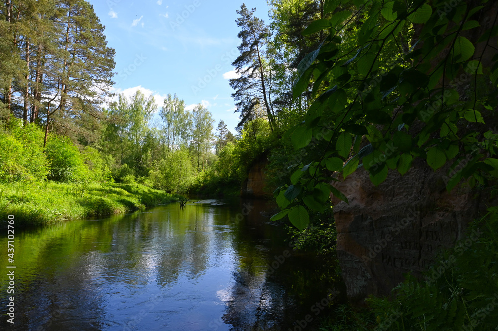 Sandstone rock outcrop on the river bank in the forest.