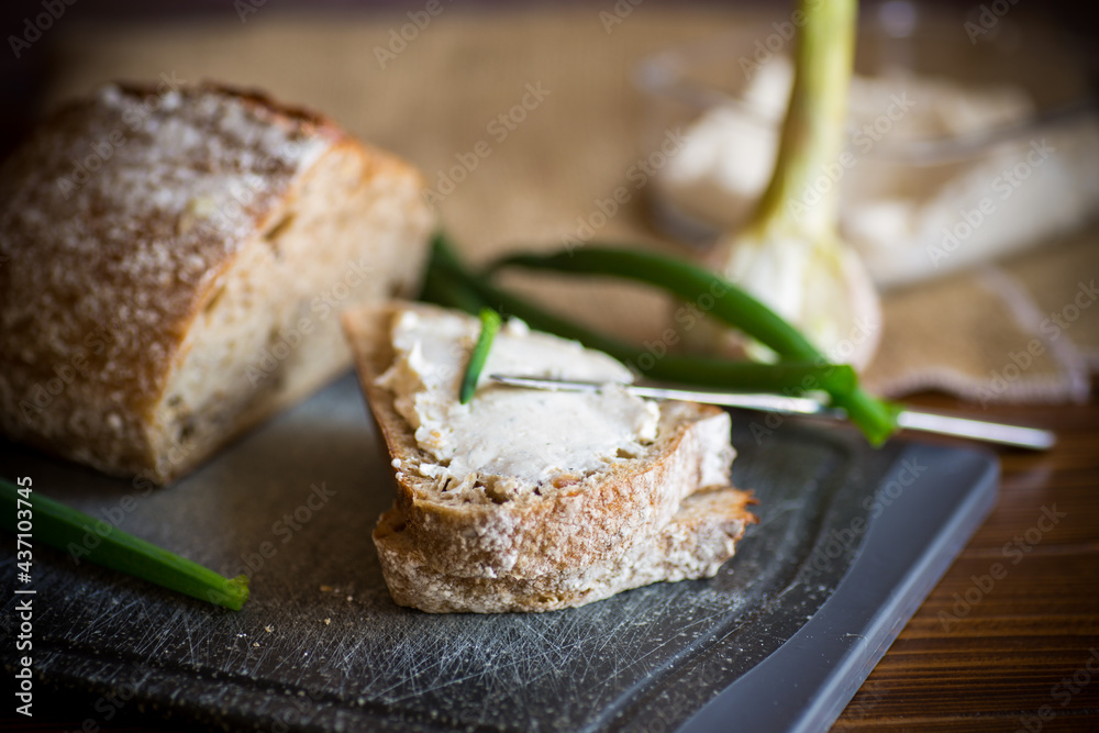 Homemade buckwheat bread with garlic cheese spread