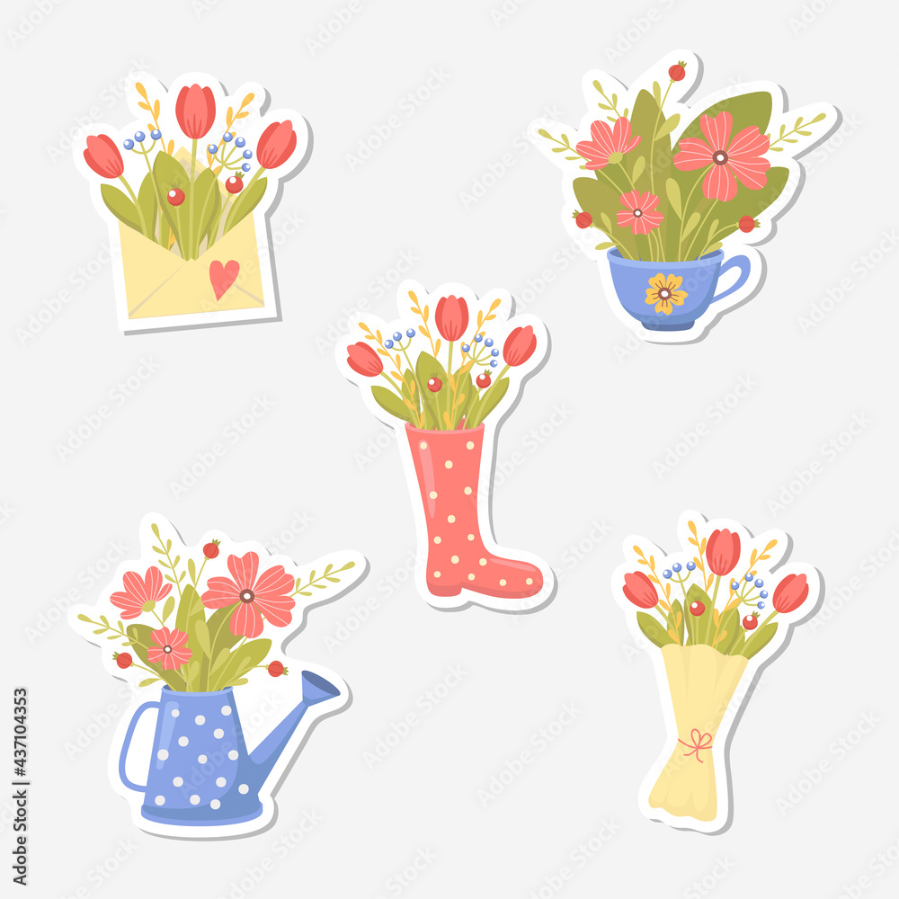 Fototapeta Set of cute stickers with bouquets of spring flowers