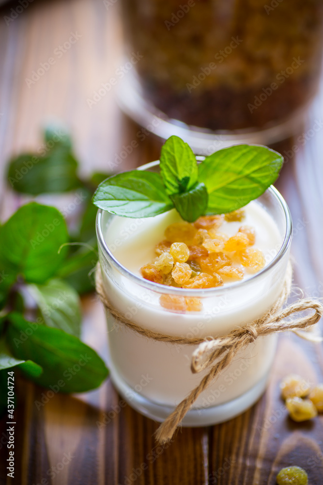 sweet homemade yogurt with raisins in a glass sweet homemade yogurt with raisins in a glass